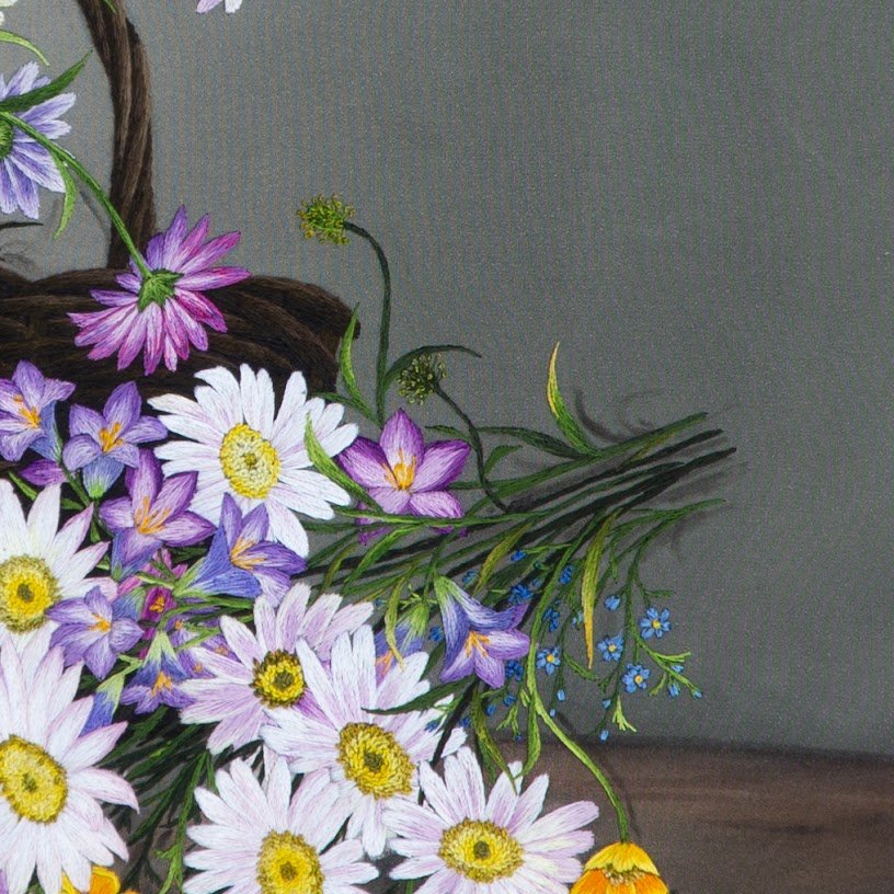 Tranh thêu tay Giỏ Hoa Cúc – Mời Xuân Về Cùng Hương Sắc Tươi Mát - Ảnh 4