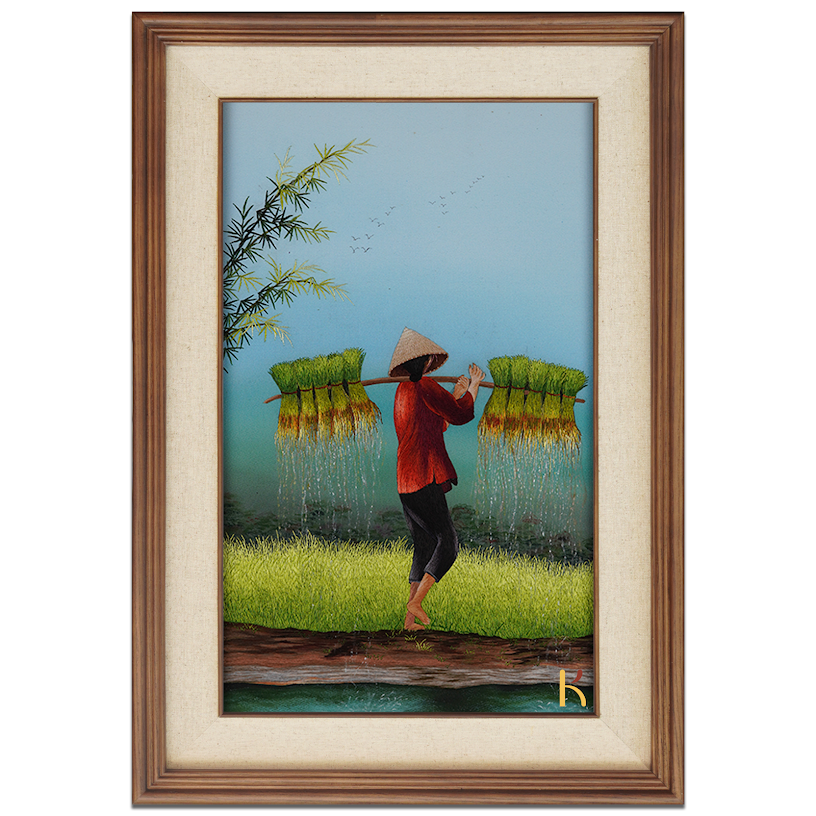 Tranh thêu tay Gánh Mạ của Mẹ – Nét nghệ thuật đầy cảm xúc từ quê hương